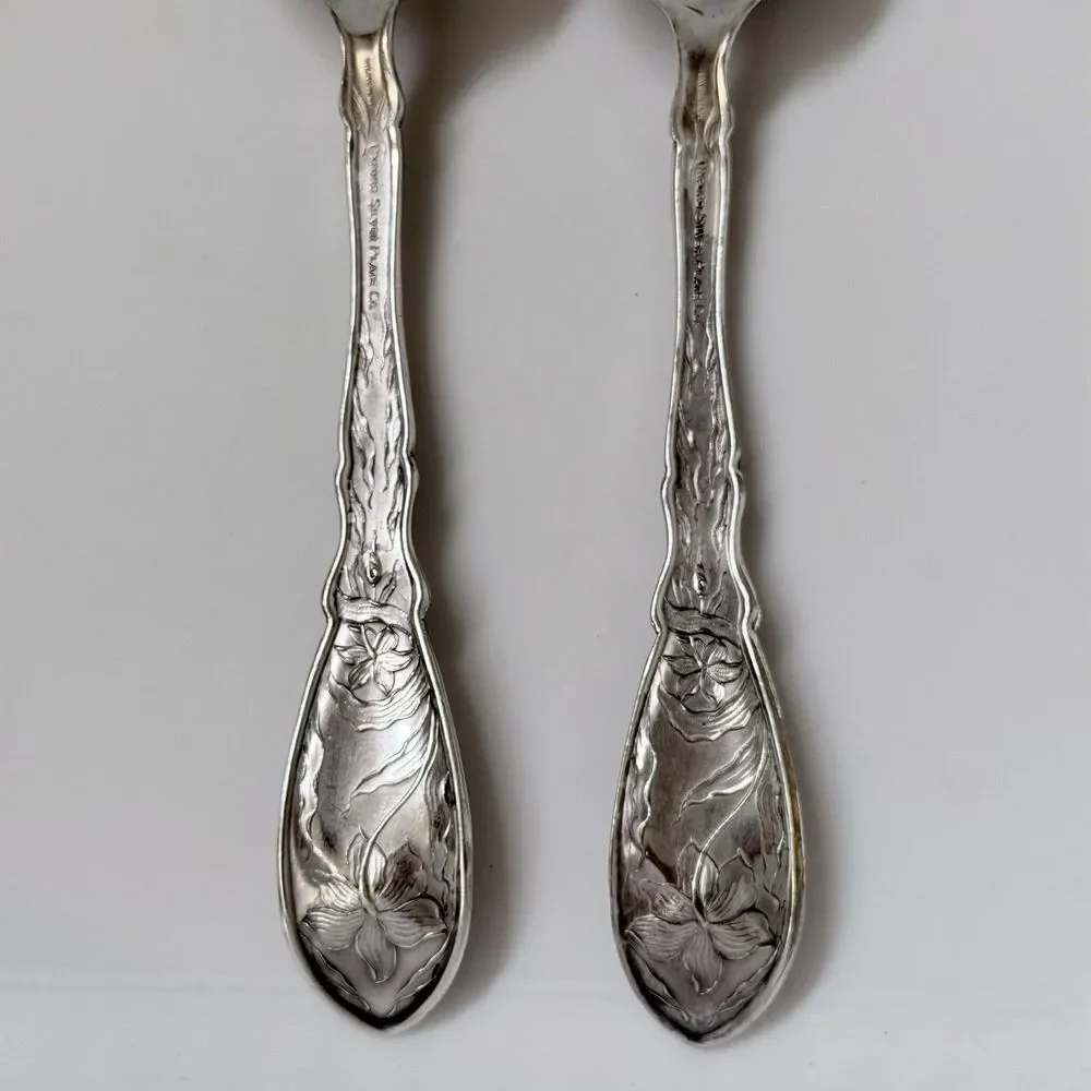 2pc Antique Oneida Narcissus Silverplate 1908 Oxford Serving Spoons 9 1/8”